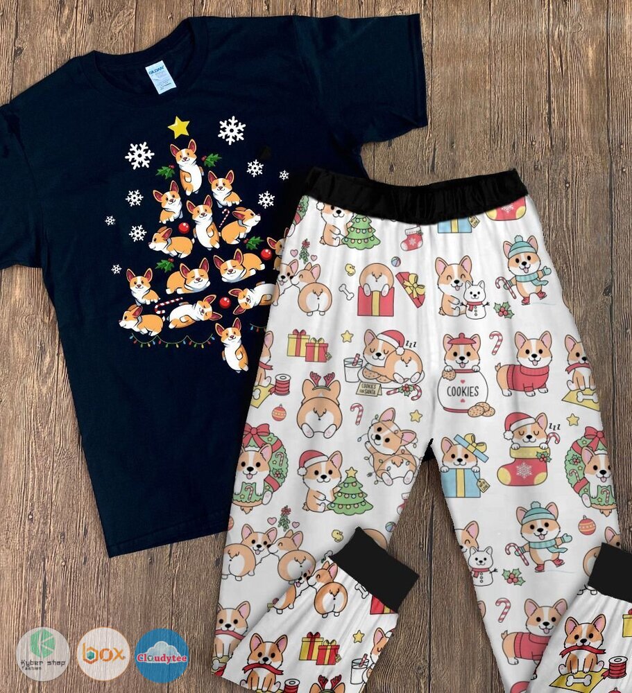 Corgi_Christmas_tree_short_sleeves_Pajamas_Set
