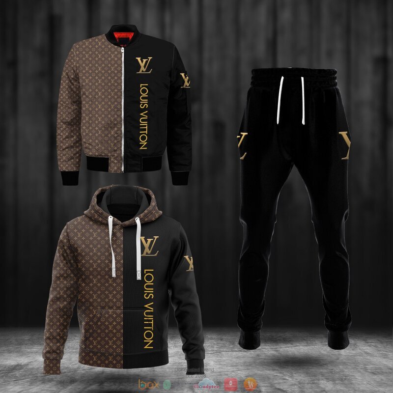 Louis_Vuitton_Brown_pattern_black_hoodie_bomber_jacket