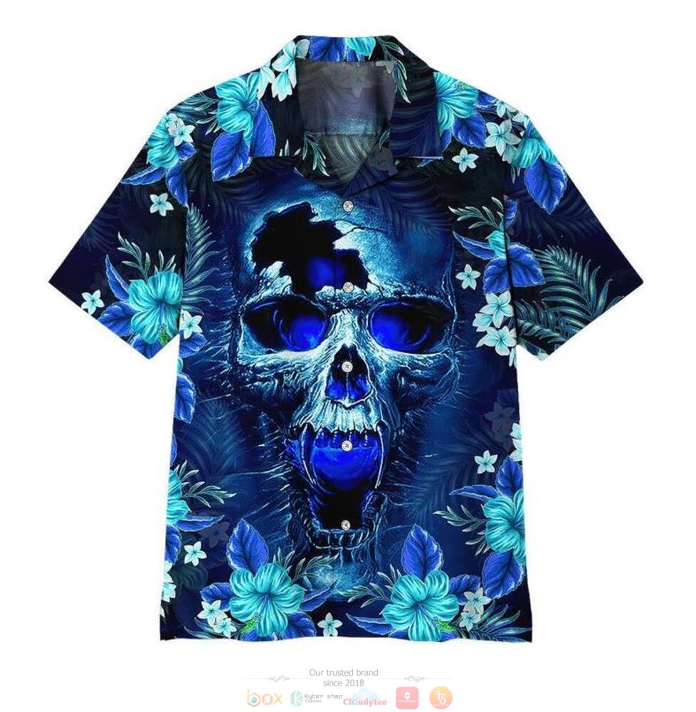 Skull_tropical_plant_Blue_hawaiian_shirt