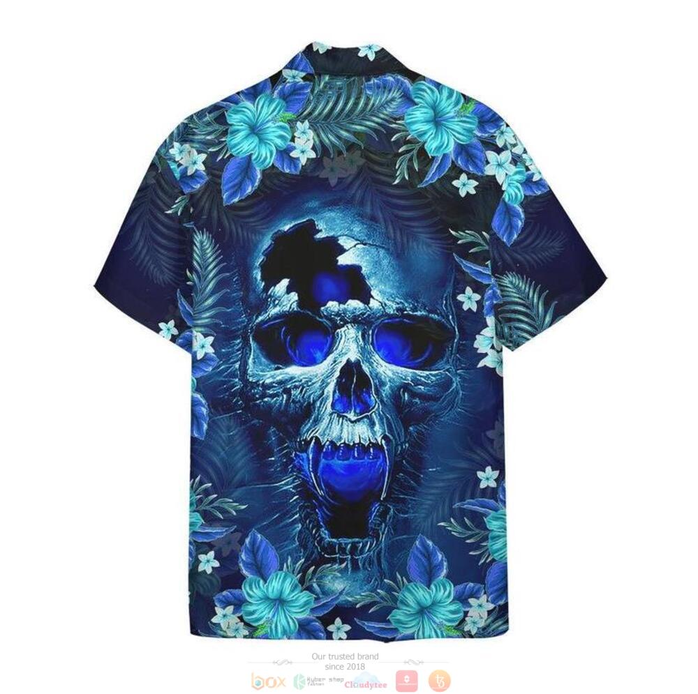 Skull_tropical_plant_Blue_hawaiian_shirt_1