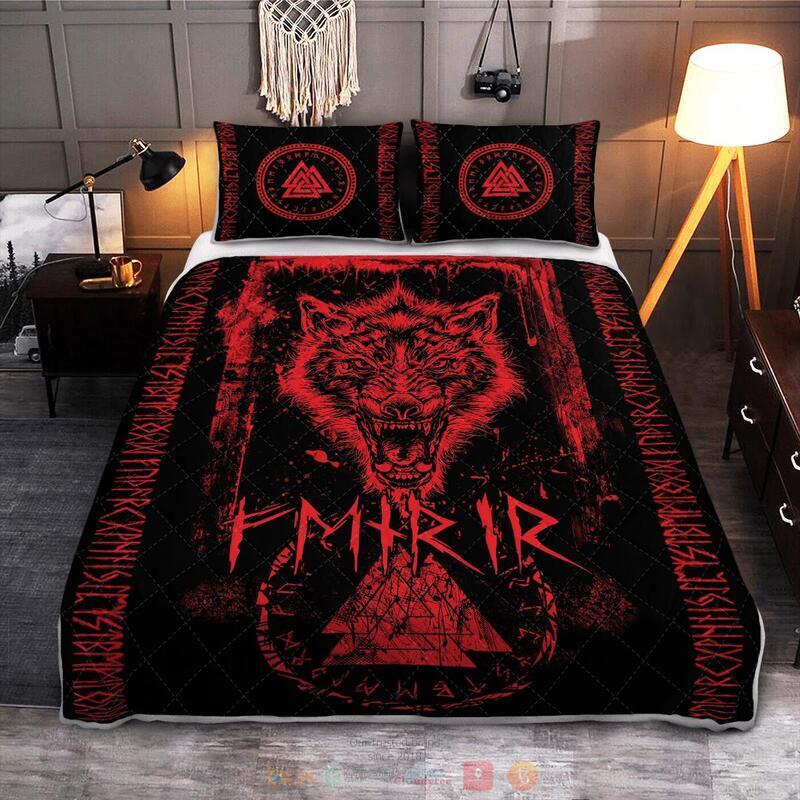 Viking_Fenrir_Wolf_Valknut_And_Rune_Quilt_Bedding_Set