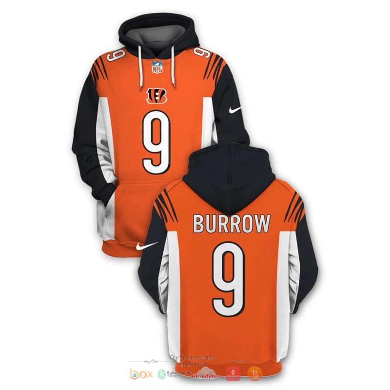 NFL_Cincinnati_Bengals_Burrow_9_Nike_Black_Orange_3d_shirt_hoodie