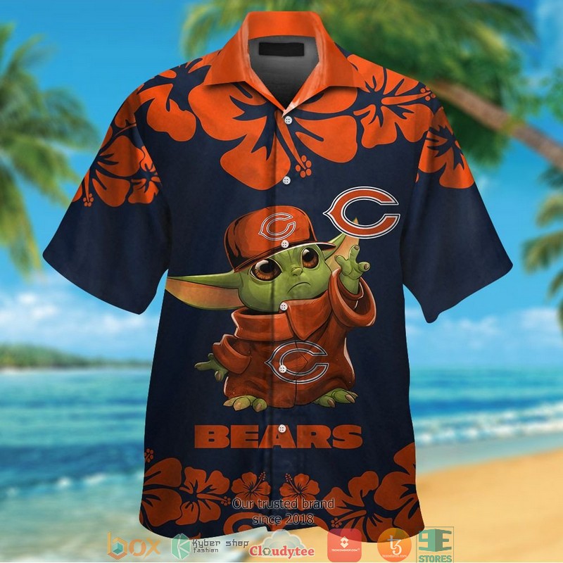 Chicago_Bears_Baby_Yoda_Orange_Hibiscus_Hawaiian_Shirt_short