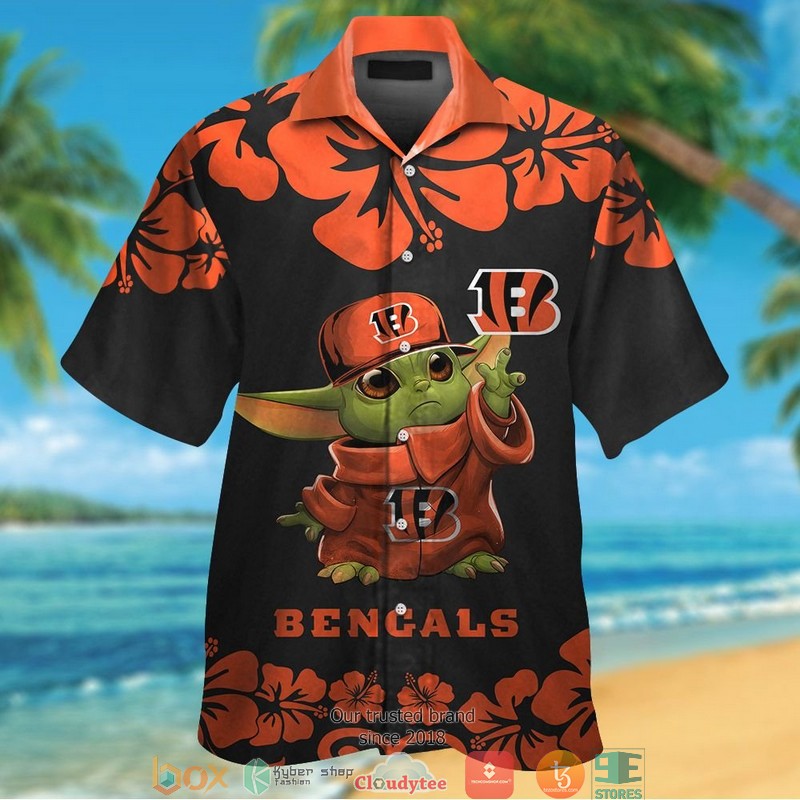 Cincinnati_Bengals_Baby_Yoda_Orange_Hibiscus_Hawaiian_Shirt_short