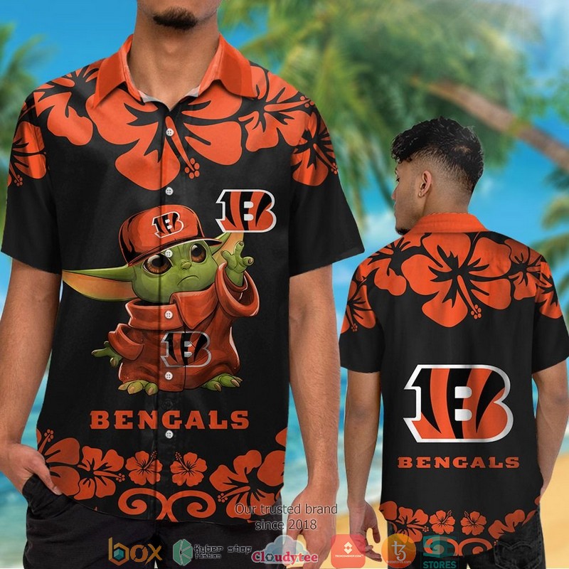 Cincinnati_Bengals_Baby_Yoda_Orange_Hibiscus_Hawaiian_Shirt_short_1