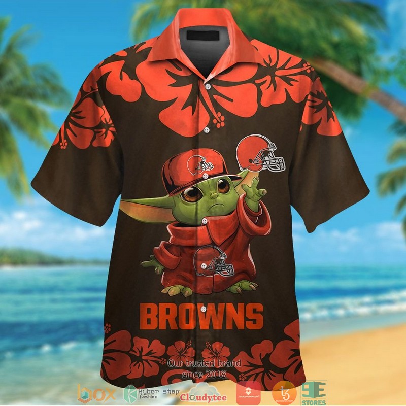 Cleveland_Browns_Baby_Yoda_Hibiscus_Orange_Hawaiian_Shirt_short