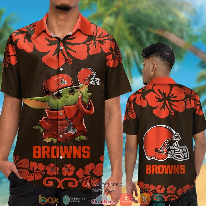 Cleveland_Browns_Baby_Yoda_Hibiscus_Orange_Hawaiian_Shirt_short_1