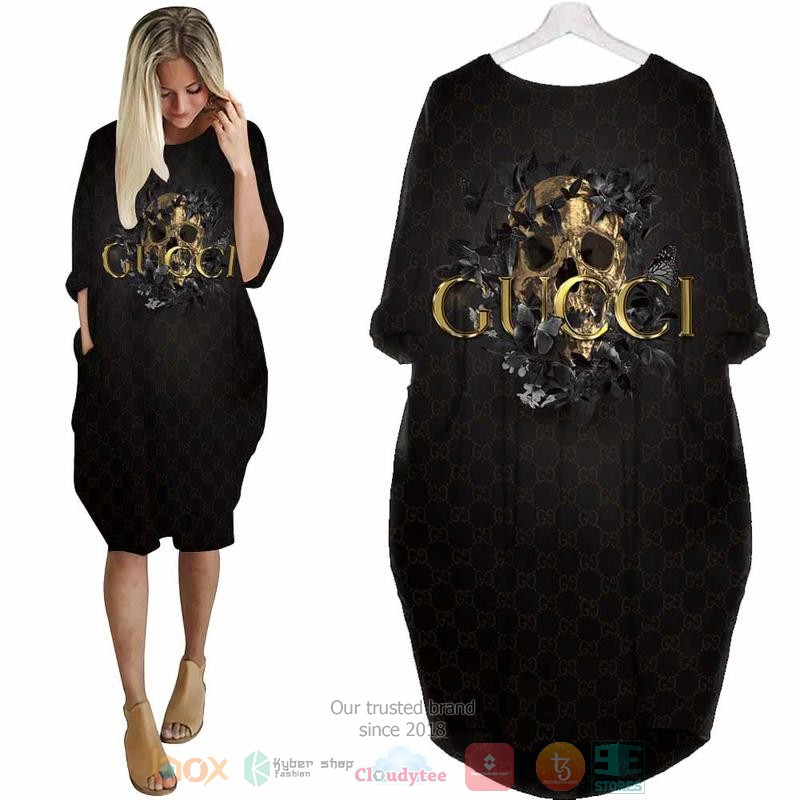 Gold_Skull_Gucci_Butterfly_black_pattern_Pocket_Dress