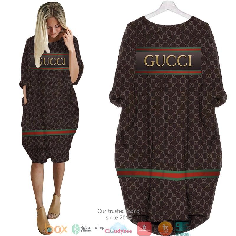 Gucci_Gold_logo_hive_pattern_Brown_Batwing_Pocket_Dress