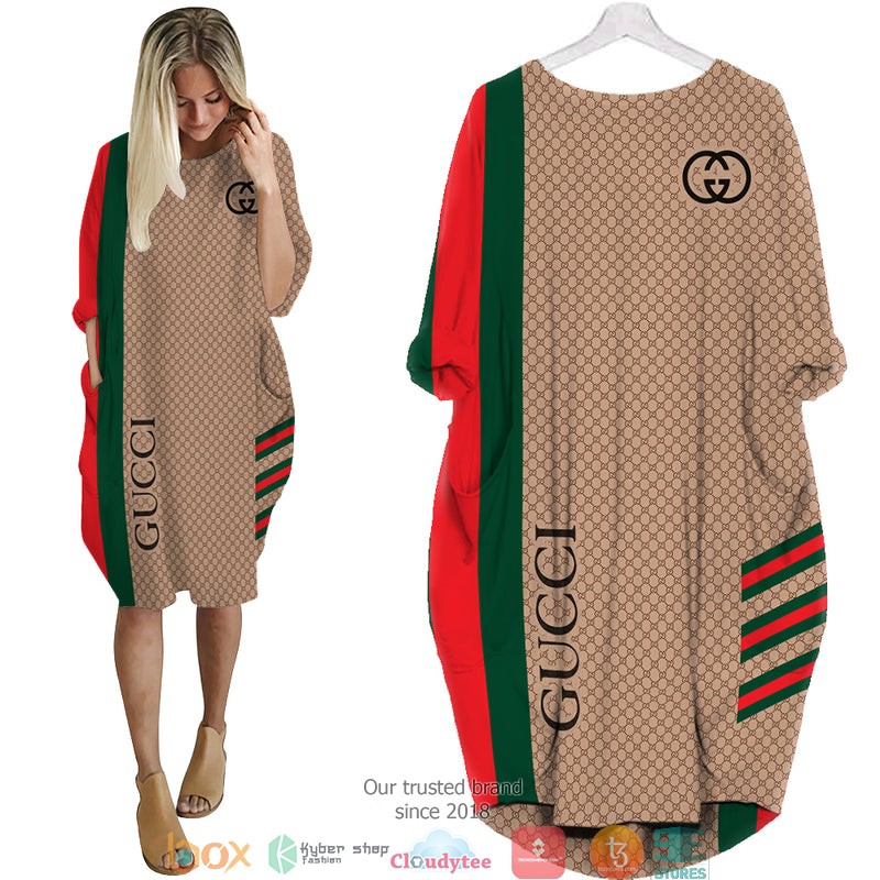 Gucci_Red_green_brown_Batwing_Pocket_Dress