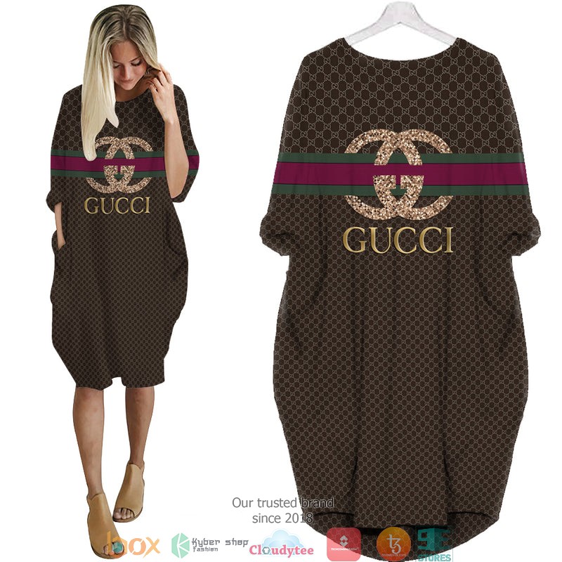Gucci_Twinkle_logo_hive_pattern_Brown_Batwing_Pocket_Dress