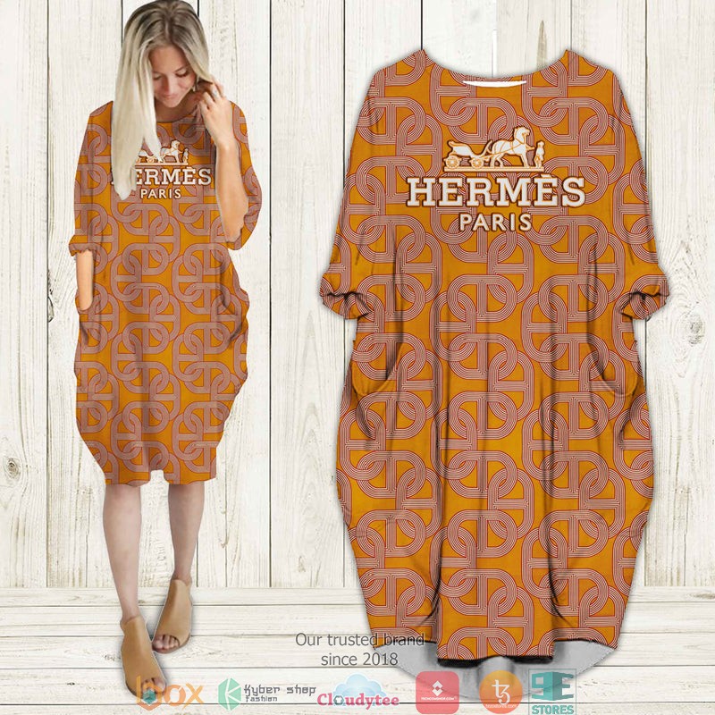 Hermes_Paris_Orange_Brown_Batwing_Pocket_Dress