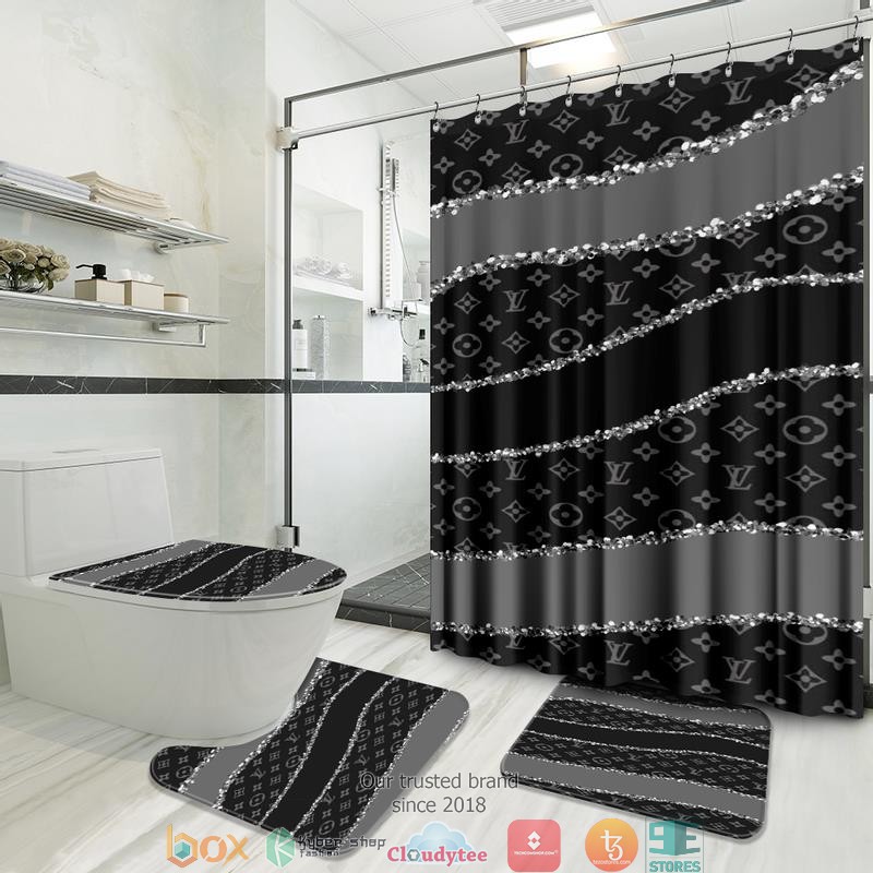 Louis_Vuitton_Silver_logo_black_grey_shower_curtain_bathroom_set