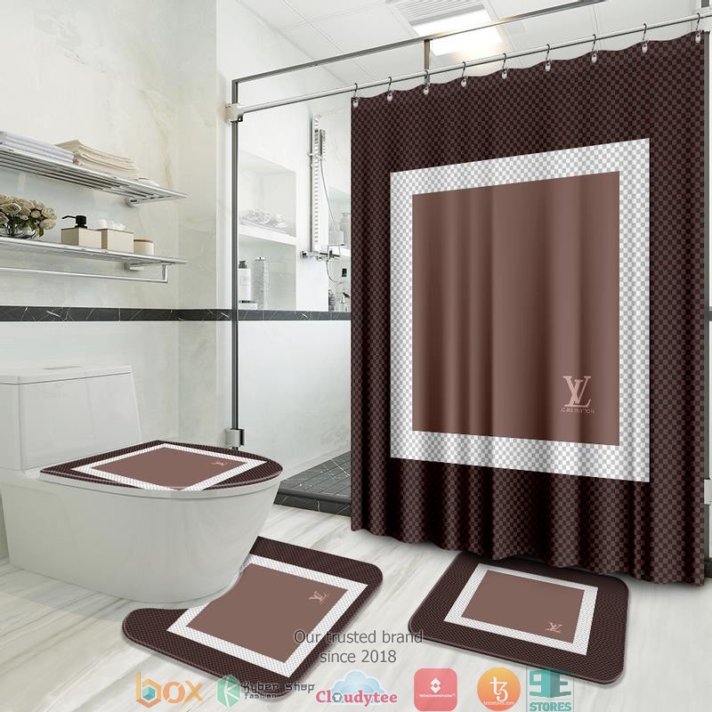 Louis_Vuitton_White_Brown_border_caro_pattern_shower_curtain_bathroom_set