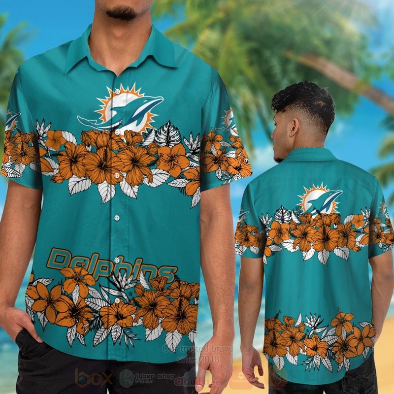 NFL_Miami_Dolphins_Aqua_Green-Orange_Hiibscus_Flower_Hawaiian_Shirt_Short_1