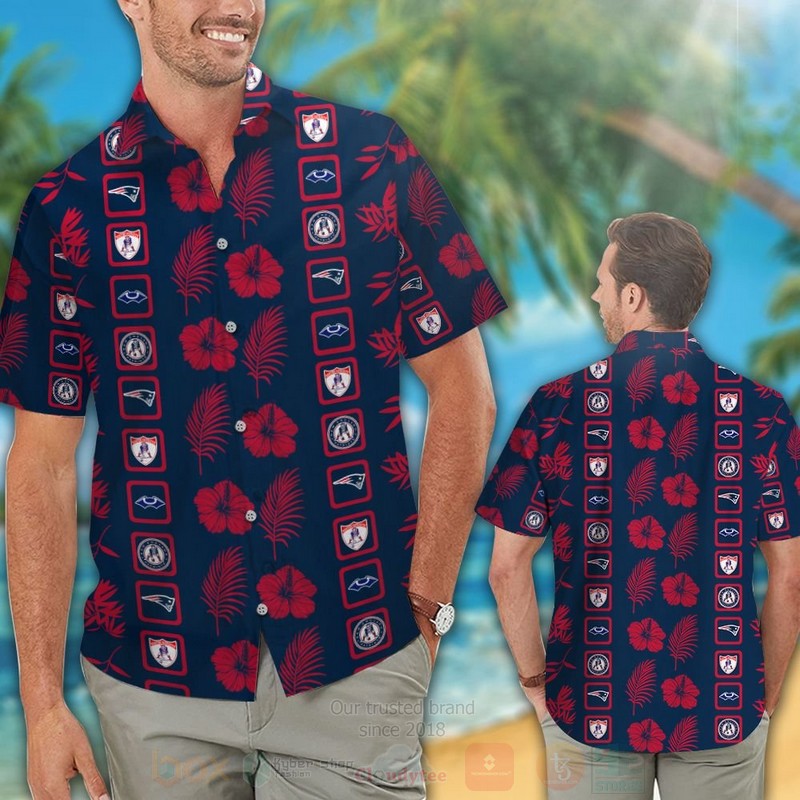 NFL_New_England_Patriots_Logos_Navy-Red_Hiibscus_Hawaiian_Shirt_Short_1