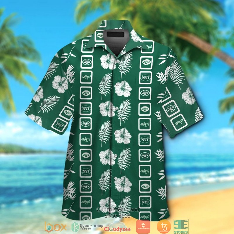 New_York_Jets_Hibiscus_Leaf_Square_Pattern_Hawaiian_Shirt_short