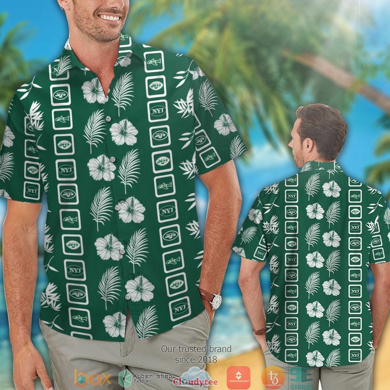 New_York_Jets_Hibiscus_Leaf_Square_Pattern_Hawaiian_Shirt_short_1