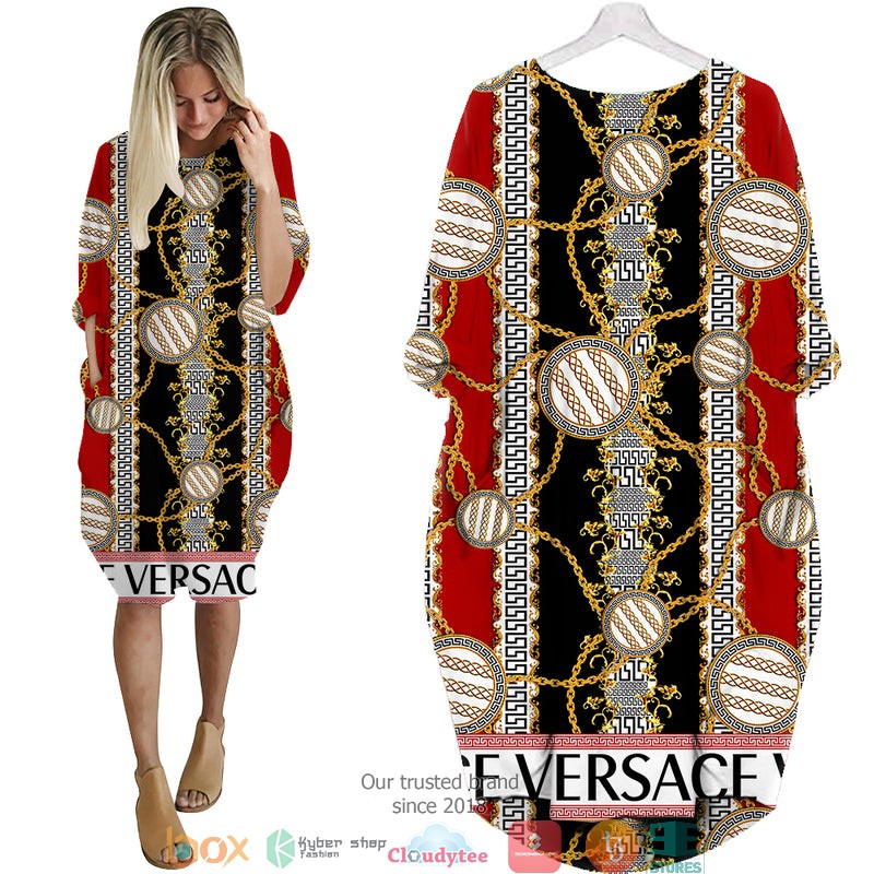 Versace_Gold_chain_hook_pattern_Red_Batwing_Pocket_Dress