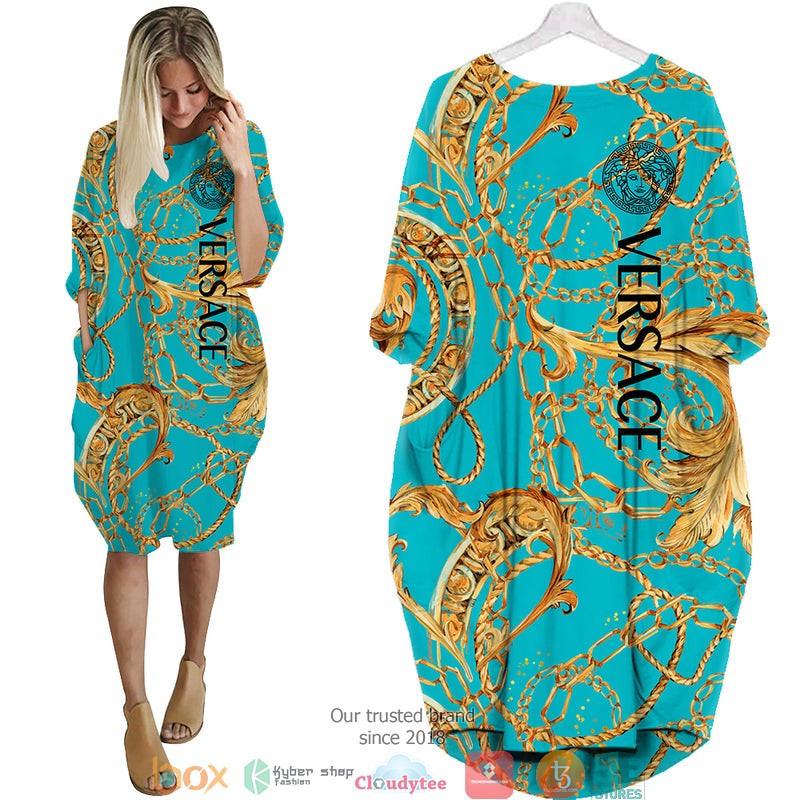 Versace_Gold_pattern_Blue_Batwing_Pocket_Dress