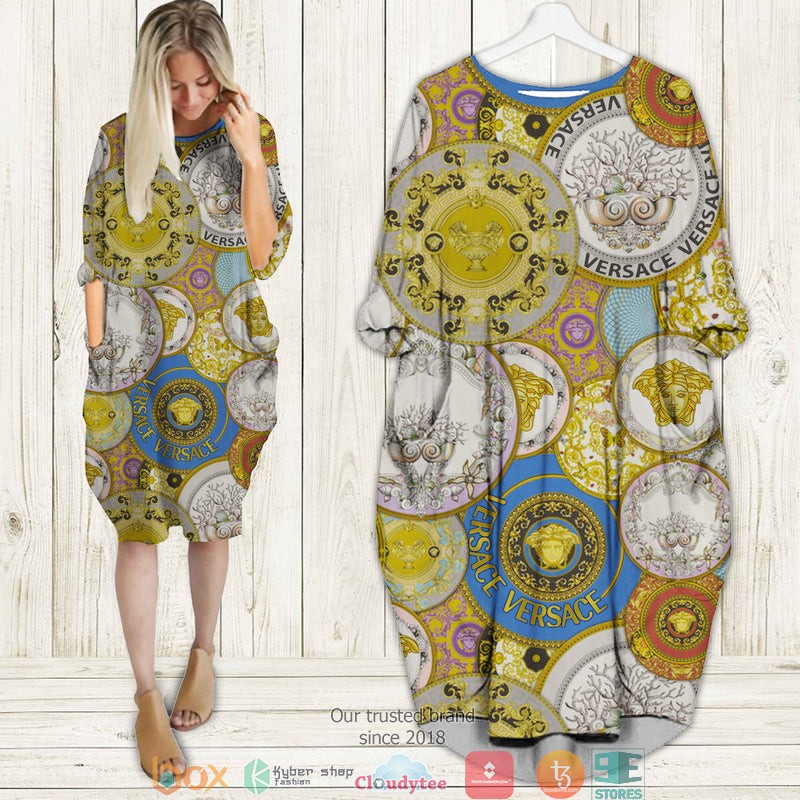Versace_Gold_pattern_blue_circle_Batwing_Pocket_Dress