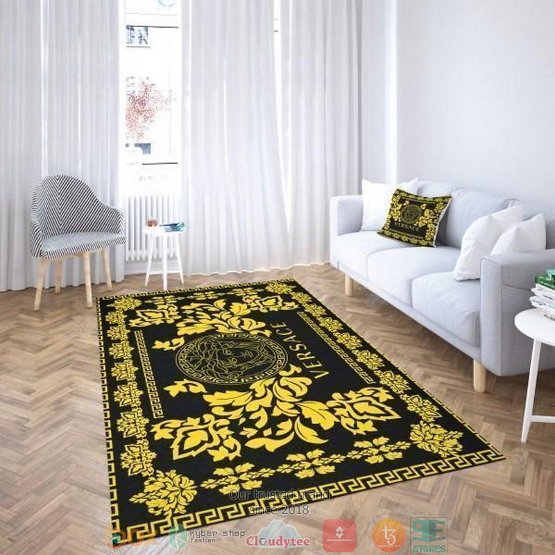 Versace_gold_flower_square_logo_pattern_black_Rug_Carpet