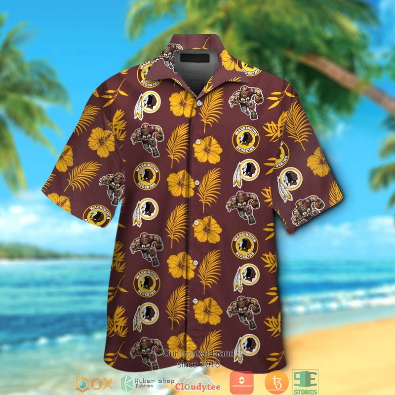 Washington_Redskins_leaf_hibiscus_pattern_Hawaiian_Shirt_Short