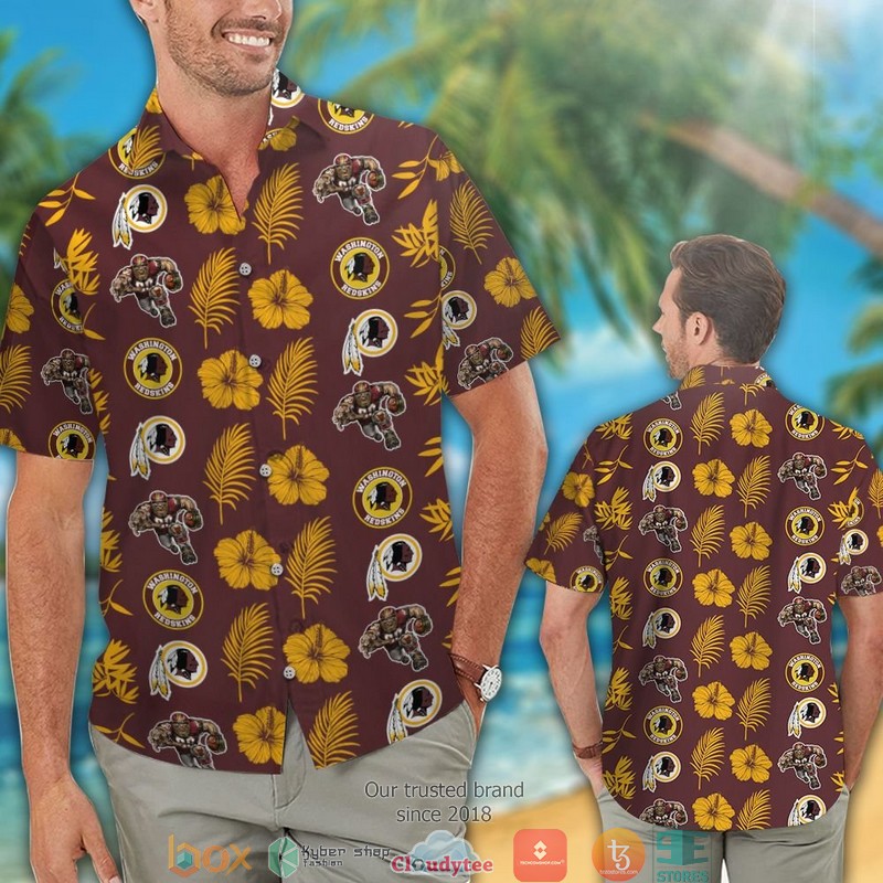 Washington_Redskins_leaf_hibiscus_pattern_Hawaiian_Shirt_Short_1