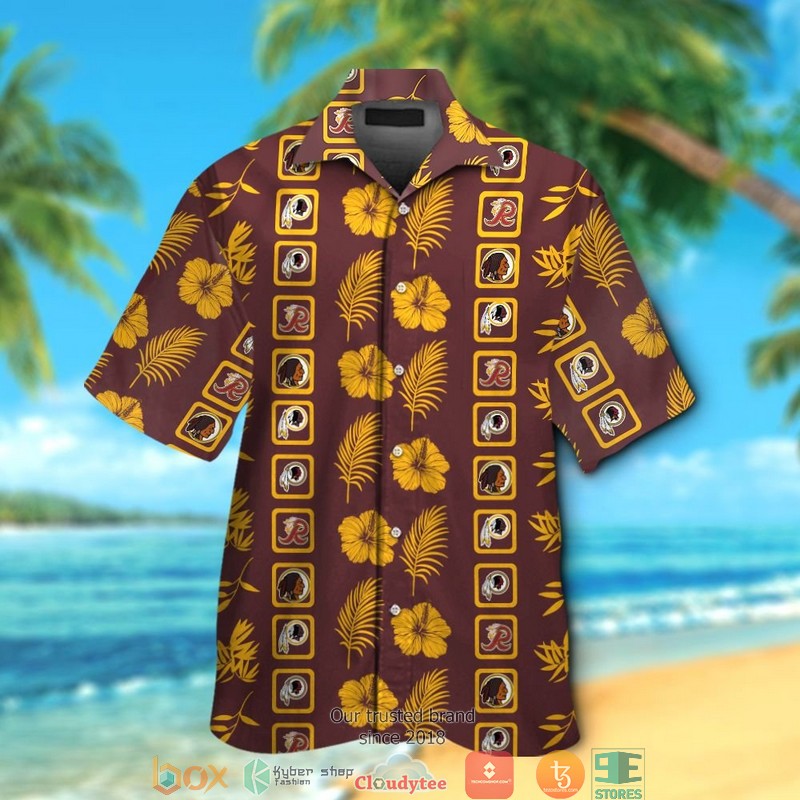 Washington_Redskins_leaf_hibiscus_square_pattern_Hawaiian_Shirt_Short