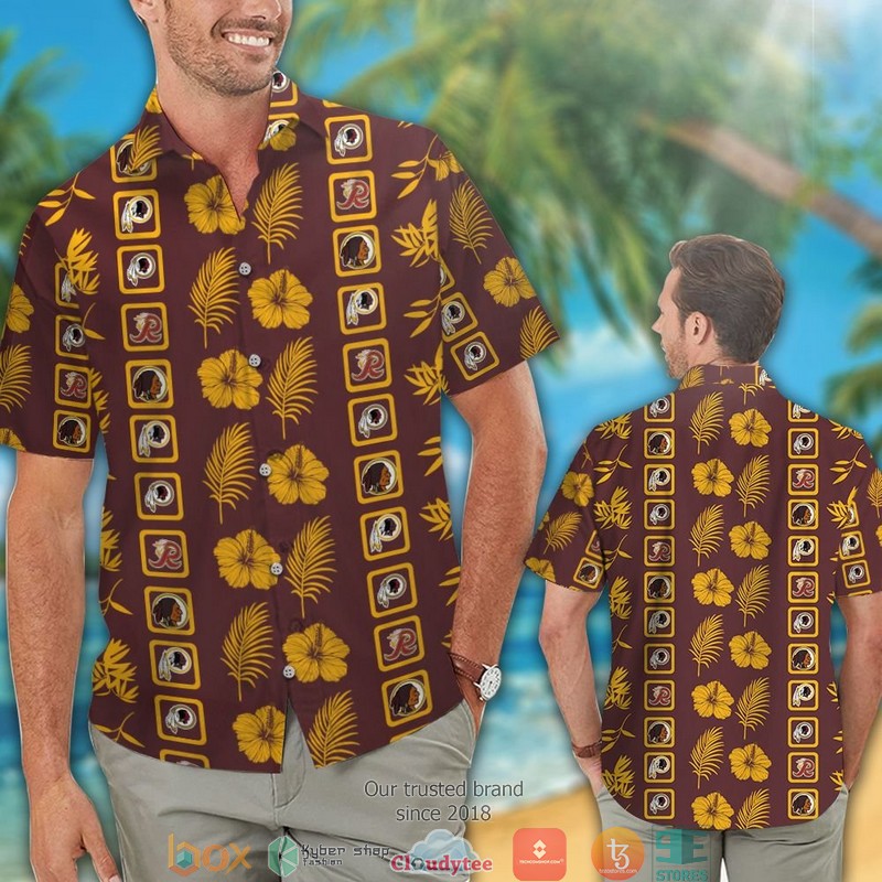 Washington_Redskins_leaf_hibiscus_square_pattern_Hawaiian_Shirt_Short_1