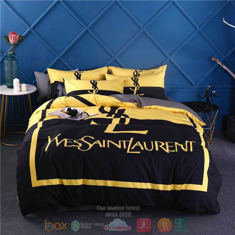 Ysl_Yves_Saint_Laurent_Brand_dark_blue_yellow_Bedding_Set