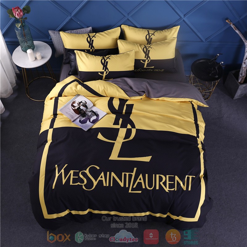 Ysl_Yves_Saint_Laurent_Luxury_Brand_yellow_dark_blue_Bedding_Set