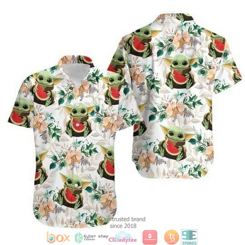 Baby_Yoda_Hugging_Watermelons_Seamless_Tropical_Colorful_Flowers_On_White_Short_Sleeve_Hawaiian_Shirt