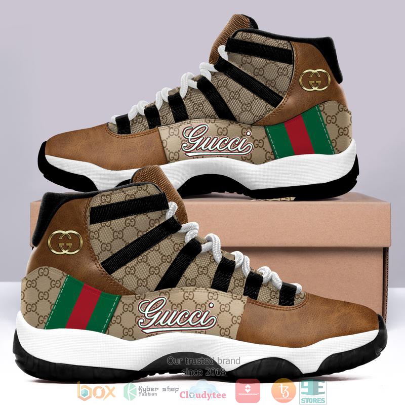 Gucci_gold_logo_red_green_line_brown_Air_Jordan_11_Sneaker_Shoes
