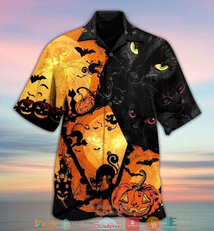 Halloween_Black_Cat_And_Pumpkin_Short_Sleeve_Hawaiian_Shirt