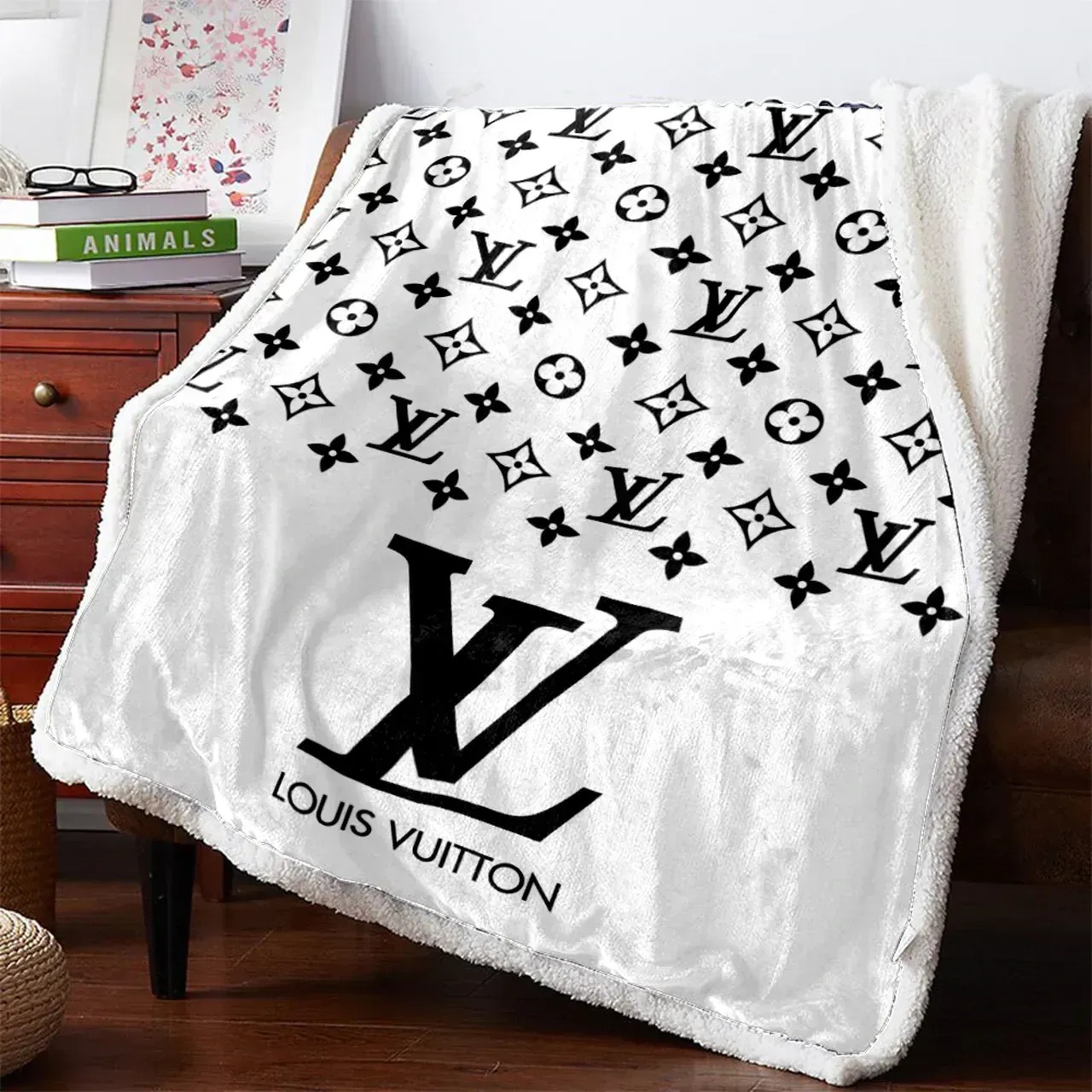 Louis-Vuitton-Black-logo-white-Fleece-Blanket