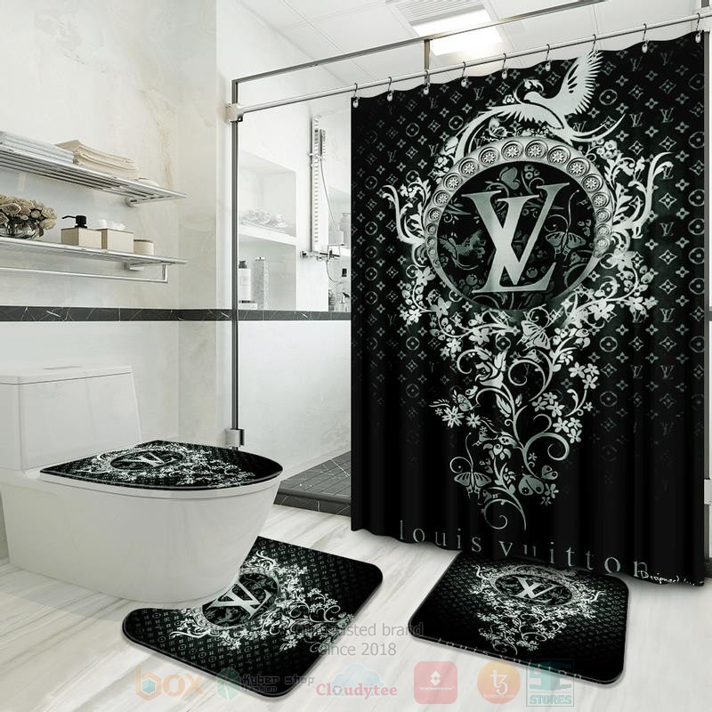 Louis_Vuitton_Flower_Bird_Pattern_Black-Grey_Inspired_Luxury_Shower_Curtain_Set