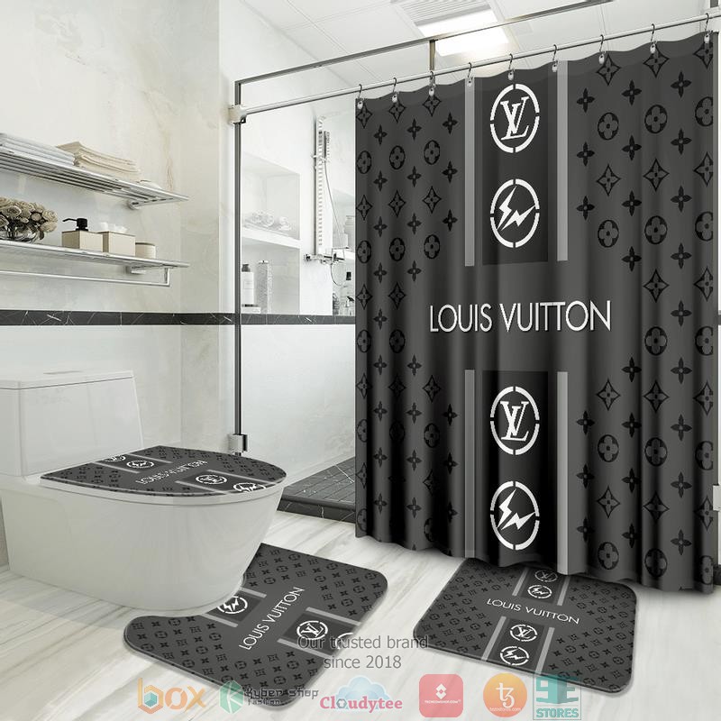 Louis_Vuitton_Luxury_brand_logo_grey_pattern_Shower_Curtain_Sets