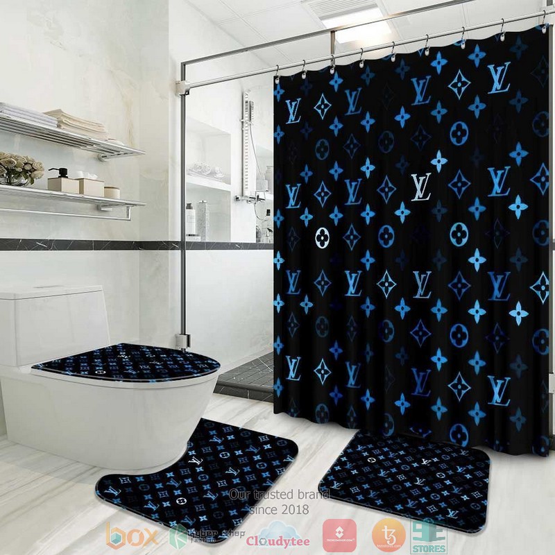 Louis_Vuitton_brand_black_blue_pattern_Shower_Curtain_Sets
