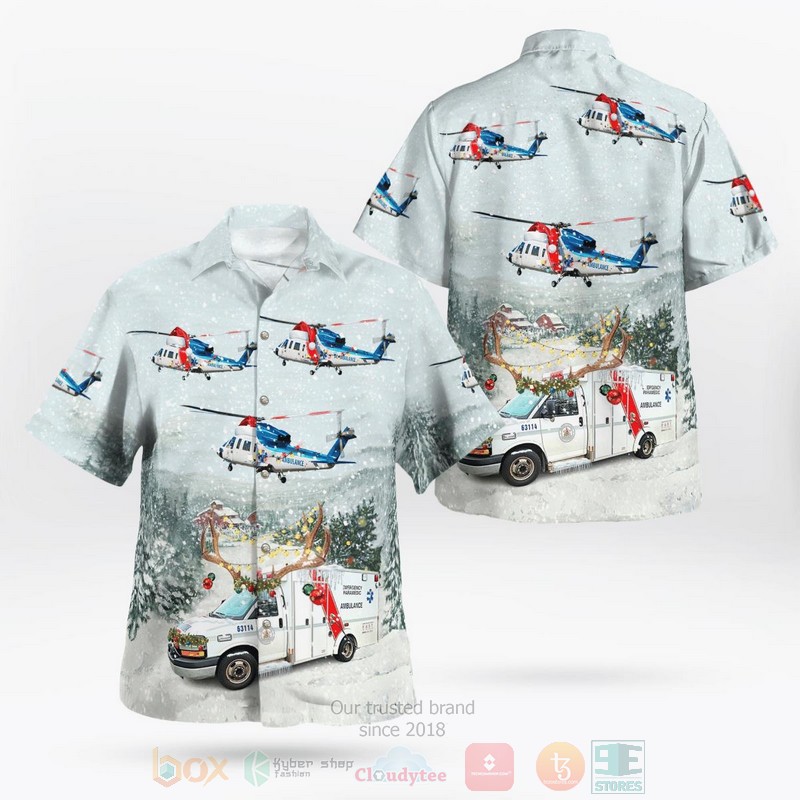 British_Columbia_Canada_British_Columbia_Ambulance_Service_Car_And_Sikorsky_S-76C_Christmas_Hawaiian_Shirt
