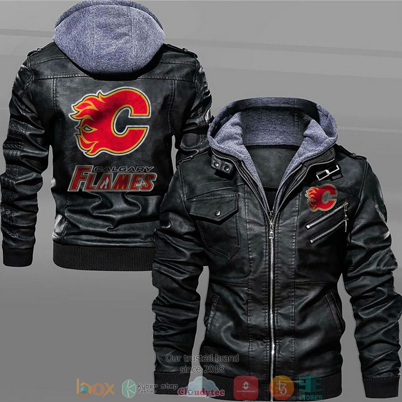 Calgary_Flames_Black_Brown_Leather_Jacket