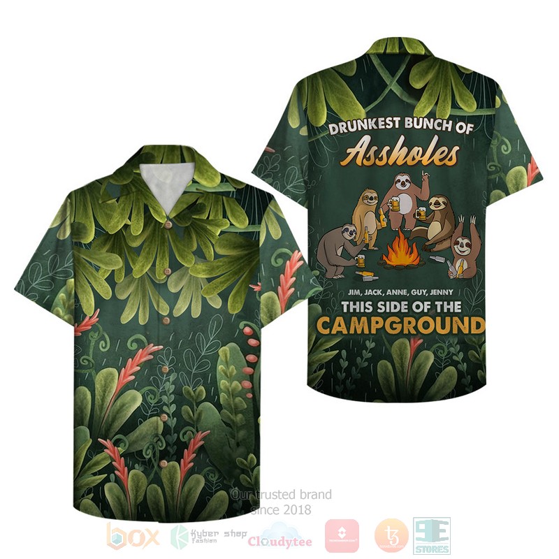 Camping_Sloths_Drunkest_Bunch_Of_Assholes_Floral_Custom_Name_Hawaiian_Shirt