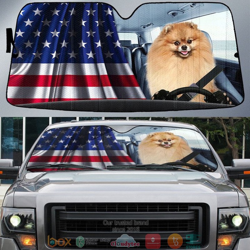 Pomeranian_And_American_Flag_Independent_Day_Car_Sunshade