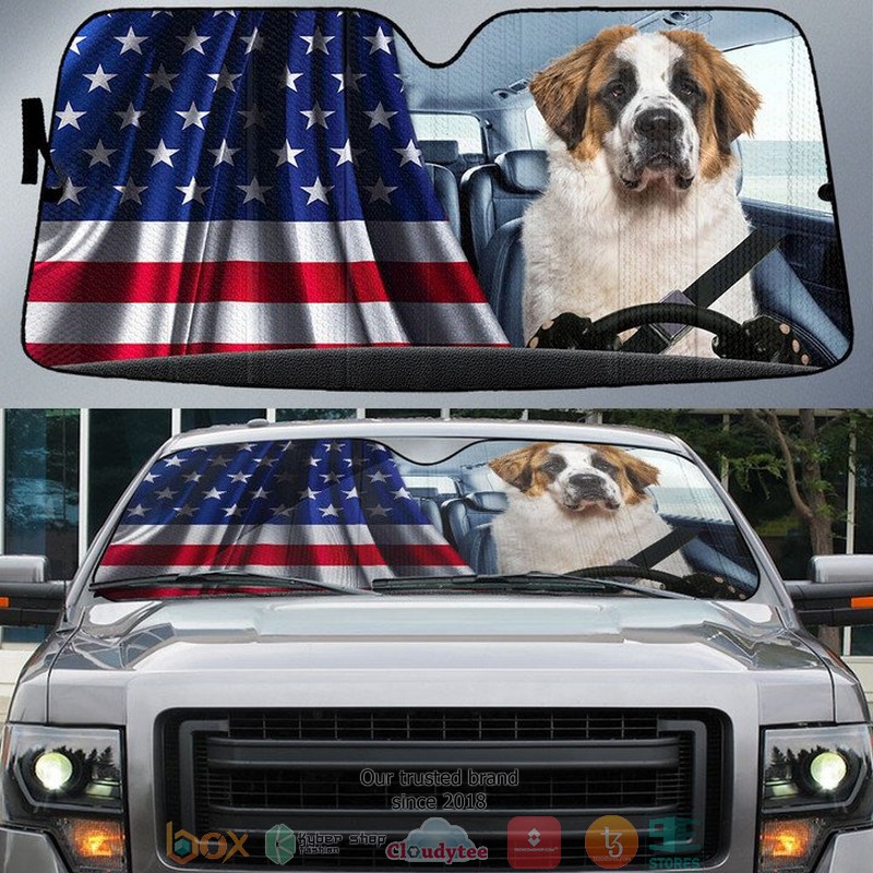 St._Bernard_And_American_Flag_Independent_Day_Car_Sunshade