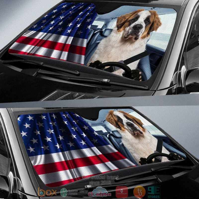 St._Bernard_And_American_Flag_Independent_Day_Car_Sunshade_1