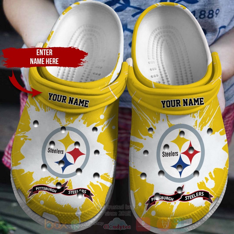 NFL_Pittsburgh_Steelers_Custom_Name_White-Yellows_Crocband_Crocs_Clog_Shoes