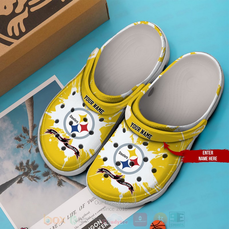 NFL_Pittsburgh_Steelers_Custom_Name_White-Yellows_Crocband_Crocs_Clog_Shoes_1
