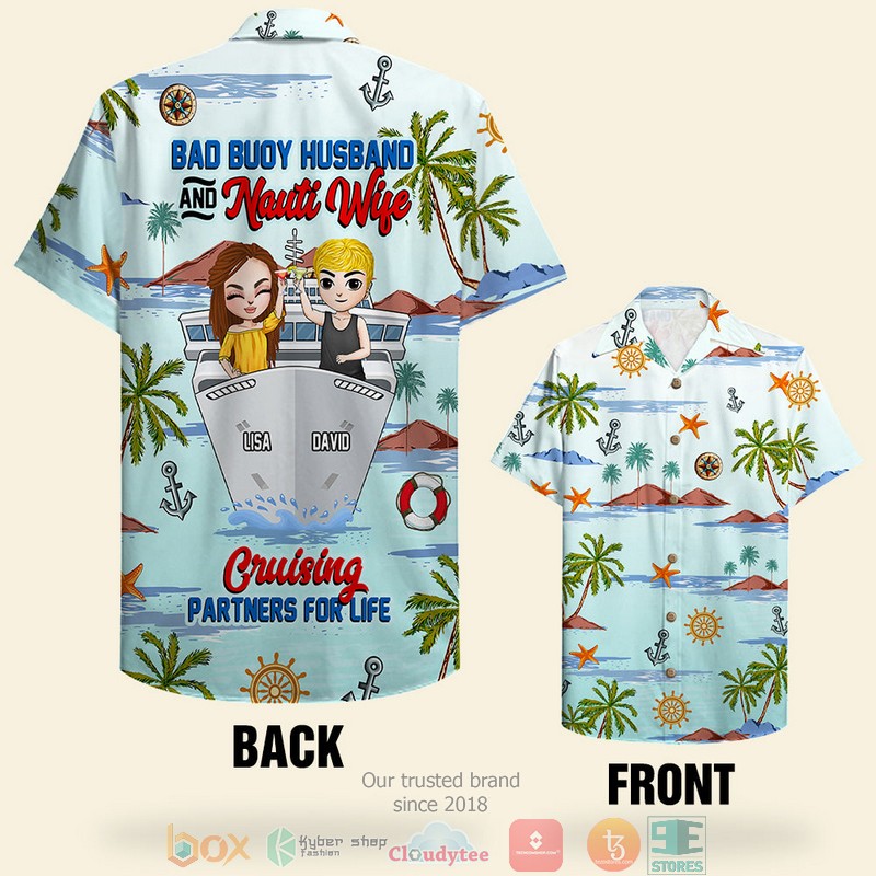 Personalized_Cruising_Couple_Bad_Buoy_Husband_And_Nauti_Wife_Coconut_Tree_Pattern_Hawaiian_Shirt