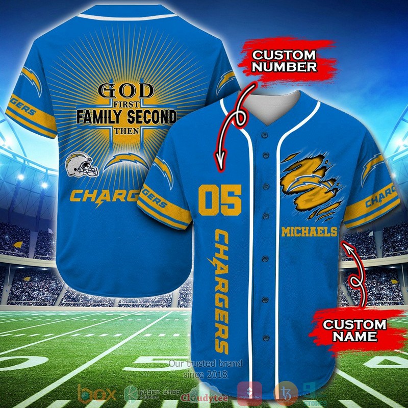 Personalized_Los_Angeles_Chargers_NFL_God_First_Family_Second_then_Baseball_Jersey_Shirt
