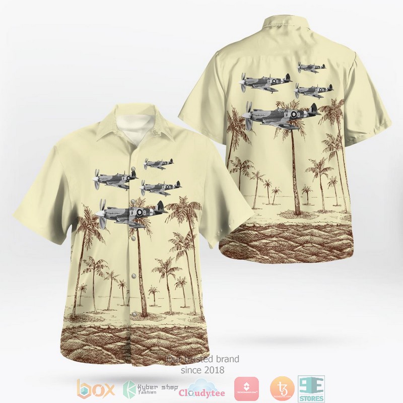 WWII_Supermarine_Spitfire_LF_Mk_XIIs_Of_41_Squadron_Military_Plane_Aircraft_Palm_Tree_Beach_Hawaiian_Shirt